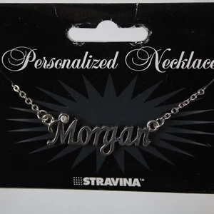 Morgan NEU Name silberfarben Strass 14,5" mit 4,5" Multi Ring Verlängerung Halskette - Bild 1 von 24