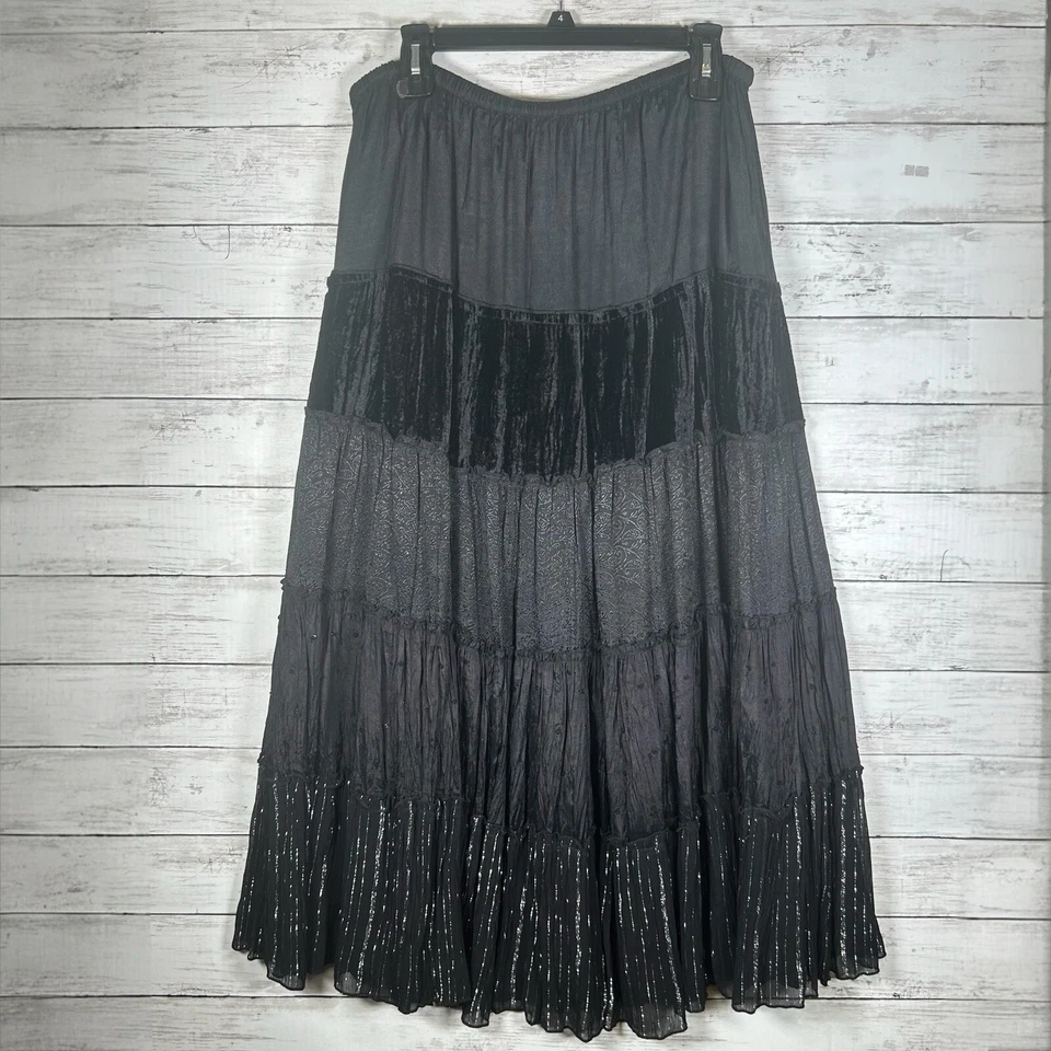 Maxi Falda Chico’s Folk Joni Terciopelo Brillante Gótica En Niveles Boho Negra 2/L 12-14 Foto 1 de 4