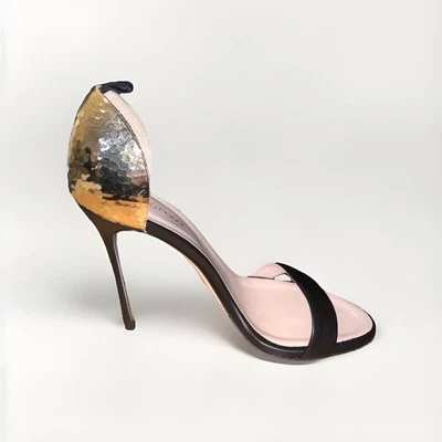 Sandalia de tacón alto de metal tono dorado Sergio Rossi talla 8 38 cuero Stiletto precio de venta sugerido por el fabricante 650 USD Foto 1 de 4