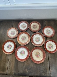 Juego de 10 placas incrustadas de oro de 23 quilates florales hechas en Estados Unidos por Salem China Co. Leer - Imagen 1 de 19