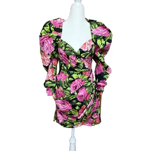 Asos Minikleid Blumenmuster Puffärmel Größe 6 schwarz pink grün Herzausschnitt neu mit Etikett - Bild 1 von 16