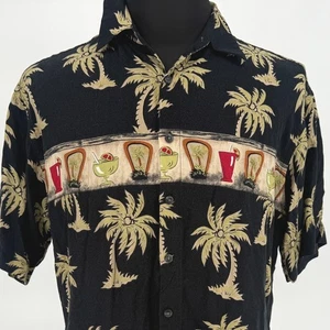 Camisa Hawaiana Pierre Cardin Para Hombres Mediana Negra Estampado de Palmera y Bebida Rayón - Imagen 1 de 5