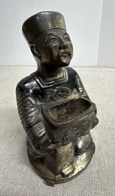 Antique Metal Incense Burner Oriental Asian Man Chinese Black Coat - Image 1 of 4
