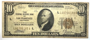 1929 $10 FEDERAL RESERVE BANK OF SAN FRANCISCO BROWN SEAL L 00796186 A - Picture 1 of 2