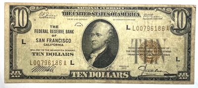 1929 $10 FEDERAL RESERVE BANK OF SAN FRANCISCO BROWN SEAL L 00796186 A - Image 1 of 2