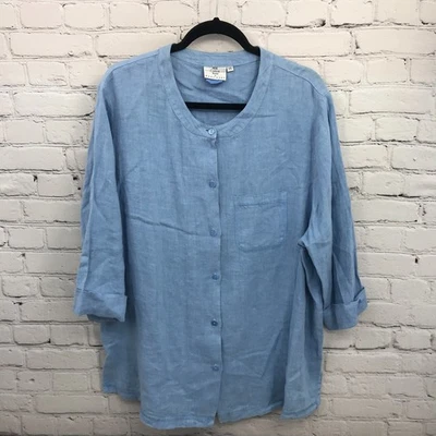 Lo último Blusa informal de algodón para mujer 1X azul lino manga corta con botones Foto 1 de 4