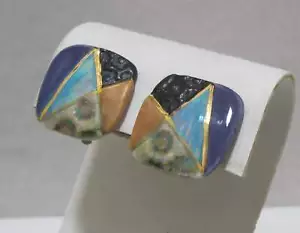 Vtg Ceramic Modernist Abstract Art to Wear Clip Earrings Pink Blue Black Gold - Picture 1 of 11