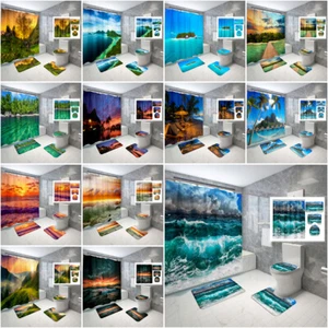 Water Mountain Shower Curtain Bathroom Rug Set Bath Mat Toilet Lid Cover Decor - Picture 1 of 20