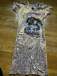 Ed Hardy Size XS Womans Long T-shirt Pink With gold NWT Rare - Picture 1 of 6