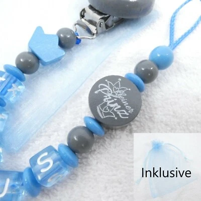 Schnullerkette mit Namen, grau, blau, kleiner Prinz, Krone, Junge, Baby, Geburt - Bild 1 von 4