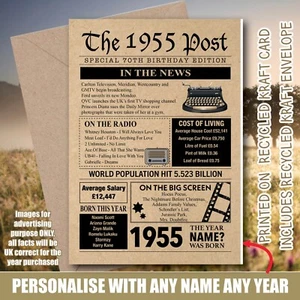 1955 Birthday Memories Year Fact RECYCLED KRAFT Newspaper Greeting Card 156 - Picture 1 of 4