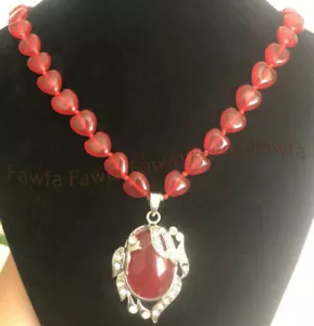 New Natural 12mm Red Jade Heart Shaped Gemstone Beads Oval Pendant Necklace 18'' - Picture 1 of 4