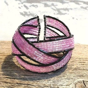 Vintage Y2K 90s Pink Black Striped Pretzel Memory Wire Cuff Bracelet Barbie Core - Picture 1 of 8