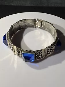 VTG Mexico Sterling Silver Blue Glass Bracelet Signed AP. Rare Piece! - Picture 1 of 13
