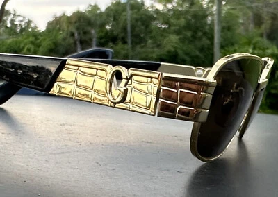 Vintage Versace Sunglasses 90s Biggie Black Gold Croc Gator Club Tupac Rave Tren - Image 1 of 4