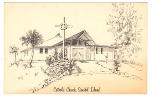 Catholic Church StIsabel Sanibel Island Lee County Florida Drawing Postcard 1968 - Picture 1 of 2