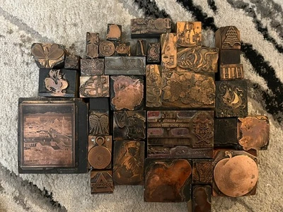 Vintage Copper Letterpress Printing Blocks Lot Denver Logos Ads Bar Floral 30+ - Image 1 of 4