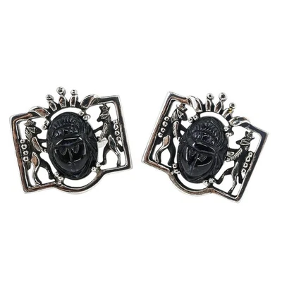 Hickok USA Egyptian Revival Cuff Links Black Scarabs Lions Crown Openwork Ornate - Image 1 of 4