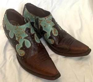 Denver Boots Women’s 9 Western Cowboy Ankle Booties Brown Turquoise Leather - Picture 1 of 14