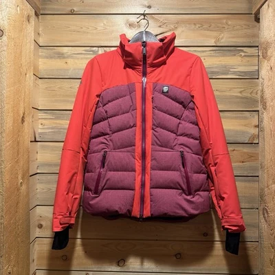 Chaqueta acolchada con capucha llena de plumón Orage para mujer pequeña roja rosa y negra con ojales cremallera Foto 1 de 4