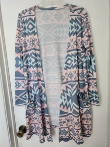 Womens Multicolored Southwest Aztec Long Soft Open Cardigan With Pockets Sz M - Picture 1 of 2