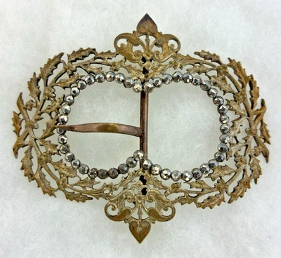 Antique Ornate Victorian Metal Buckle w/ HOLLY BERRIES & HEARTS Motif Faceted - Image 1 of 4
