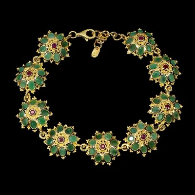 925 Sterling Silver Bracelet Oval Emerald Ruby Natural Gemstone Jewelry 7.5inche - Image 1 of 4