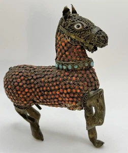 Antica borchia corallo tibetano e turchese gioiello ottone dorato cavallo rampante *leggi* - Foto 1 di 22
