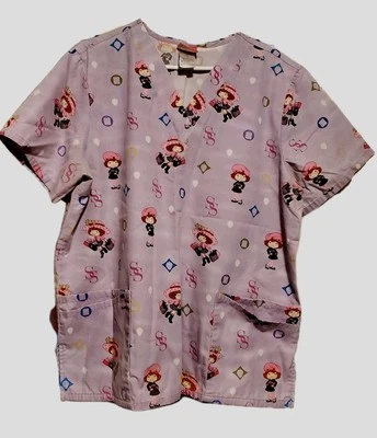 Strawberry Shortcake Lavender Pockets V Neck Scrub Top Women's Sz L Short Sleeve - Image 1 of 4
