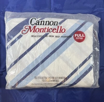 Vintage 70s Cannon Monticello Blue Diagonal Stripe Double Full Sheet Fitted NOS - Image 1 of 4