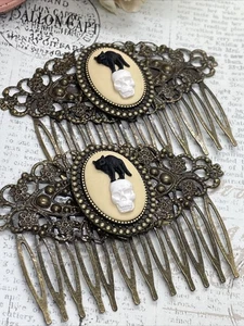 Pair of Bronze Barrette Gothic Hair Comb Cameo Black Cat Kitten Skull Wedding - Picture 1 of 12