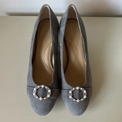 TALBOTS Gray Suede Leather CLASSIC PUMPS Midi Block-Heel Shoes with Gems Sz10 - Image 1 of 4