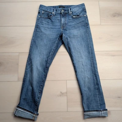 Jeans masculino slim Uniqlo 30x30 tecido cintura baixa reta por Kaihara azul selvedge - Imagem 1 de 4