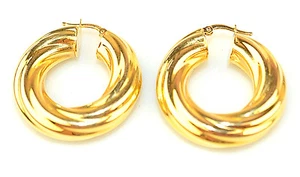 14K YELLOW GOLD 7.8 MM THICK LARGE PUFFY TWIST HOOP PIERCED EARRINGS ITALY - Picture 1 of 4