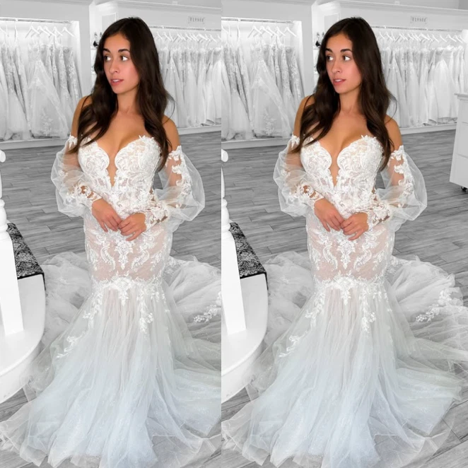Sexy Vestidos de Novia de Sirena con Mangas Desmontables Barrido Trenes Vestidos de Novia Foto 1 de 4