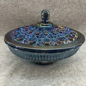 Vintage Indiana Blue Carnival Glass Windsor Candy Dish & Lid Iridescent - Picture 1 of 15