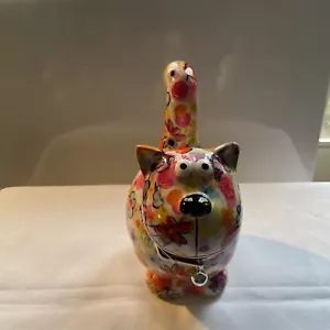 Pomme-Pidou Floral Ceramic Cat Money Coin Bank With Collar & Bell 8" Tall - Picture 1 of 8