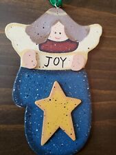 Christmas Ornament Angel Painted Wood "Joy" Blue Gold Star 5" tall Vintage 80s