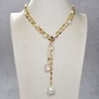 Cultured White Keshi Pearl Mixed Color Cz Pave Long Gold Plated Chain Necklace