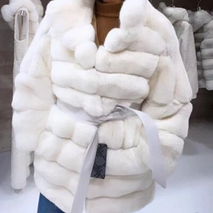 Damen Echt Rex Kaninchenfell Mantel Stehkragen Luxus Weiß Jacke Wintermantel - Bild 1 von 4
