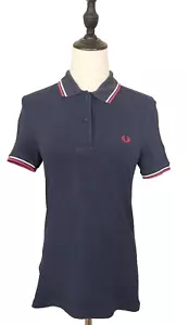 Fred Perry Size UK 8 AU 10 Navy Blue Magenta Pink Cotton Knit Polo Shirt Top - Picture 1 of 7