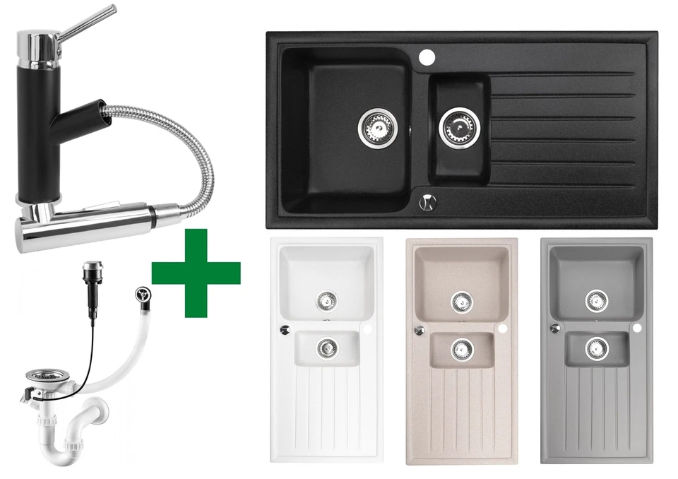 FAIZEE MÖBEL Granitspüle 100x50 cm + Armatur Cado Spülbecken mit Armatur Küche inkl. Siphon