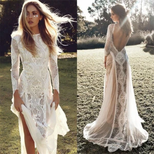 Boho A-Line Wedding Dresses Scoop Neck Long Sleeved Backless Beach Bridal Gowns - Foto 1 di 14
