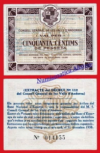 ANDORRA ANDORRE Centimos cents de Peseta 1936 Pick 5 SC- / aUNC - Picture 1 of 1