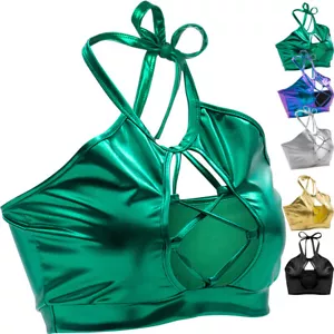 Women PVC Leather Metallic Crop Top Vest Bustier Bra Halter Tops Party Clubwear - Picture 1 of 28