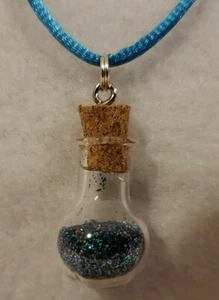 Blue, Pink, Green Fairy Dust Glass Bottle Necklace on Blue Satin Cord - Jewelry - Picture 1 of 6