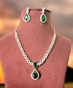 Emerald Statement Necklace Set ,925 Sterling Silver Earring With Necklace , - Picture 1 of 2