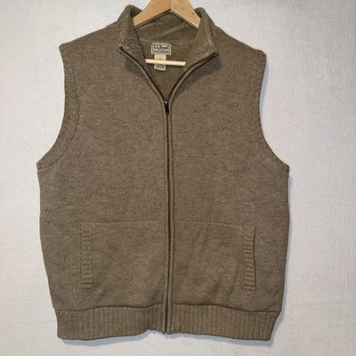 LL Bean Lambs Wool Sweater Vest Full Zip Brown Fleece Lined Mens L Winter - Image 1 of 4