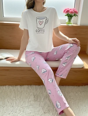 Womens Pyjama Set Short Sleeve Sleepwear Ladies Crew Neck Top Pant Lounge Set - Image 1 of 4