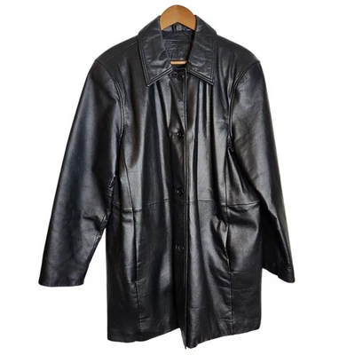 Jacqueline Ferrar Womens Long Black Leather Button Up Coat With Pockets Size XL - Image 1 of 4